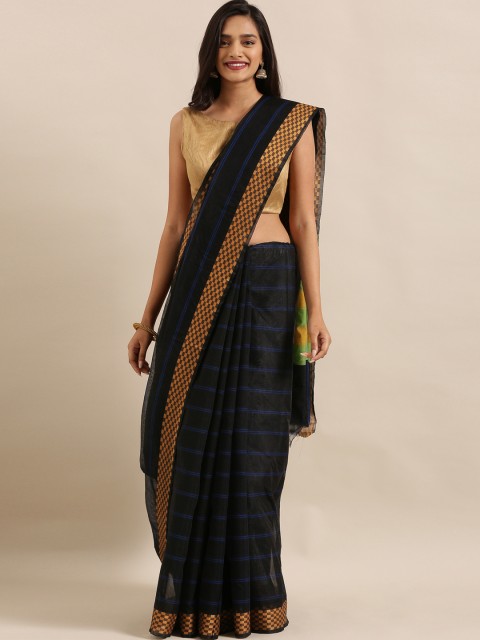 

The Chennai Silks Black & Blue Pure Cotton Striped Chettinad Saree