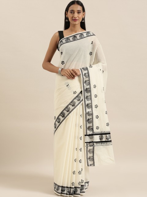 

The Chennai Silks Off-White Pure Cotton Printed Kasavu Saree