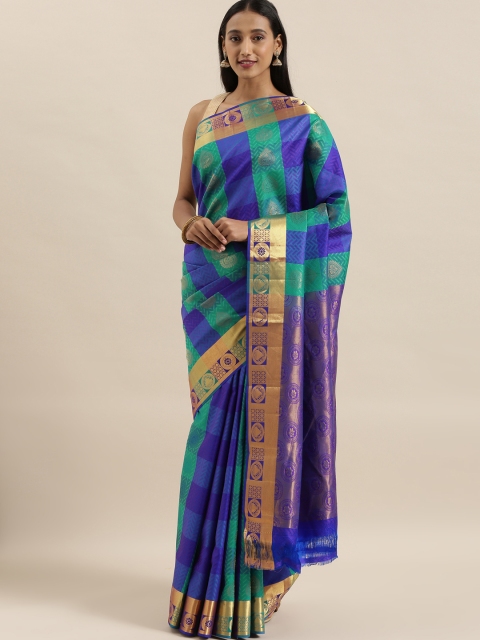 

The Chennai Silks Classicate Blue & Green Pure Silk Checked Dharmavaram Saree