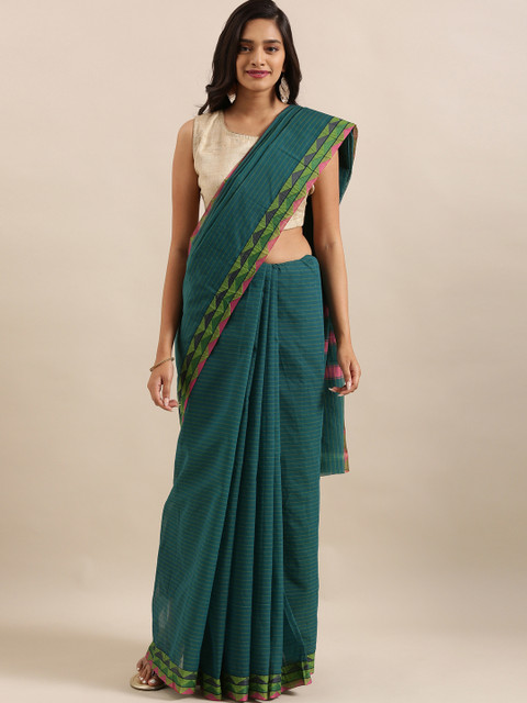 

The Chennai Silks Teal Pure Cotton Striped Chettinad Saree
