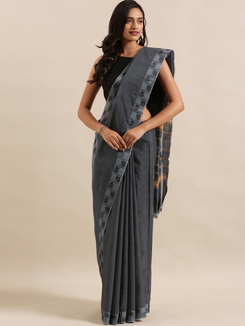 

The Chennai Silks Classicate Charcoal Grey Pure Cotton Striped Chettinad Saree