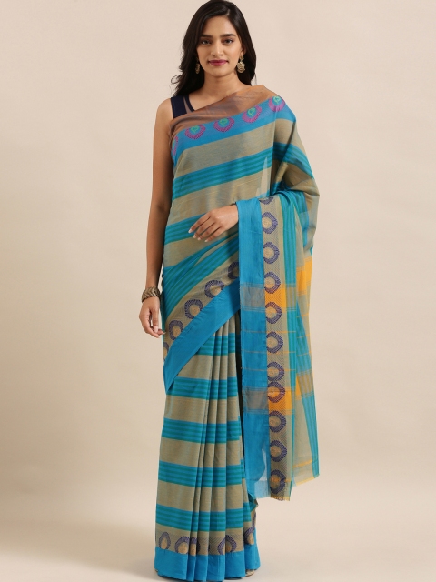 

The Chennai Silks Classicate Blue & Beige Pure Cotton Striped Chettinad Saree
