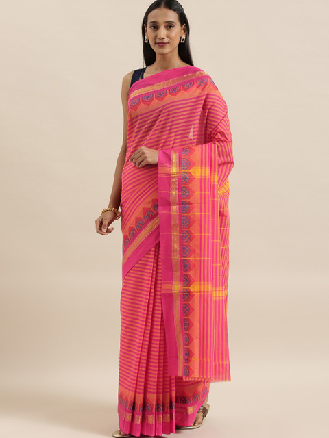 

The Chennai Silks Pink Pure Cotton Striped Chettinad Saree