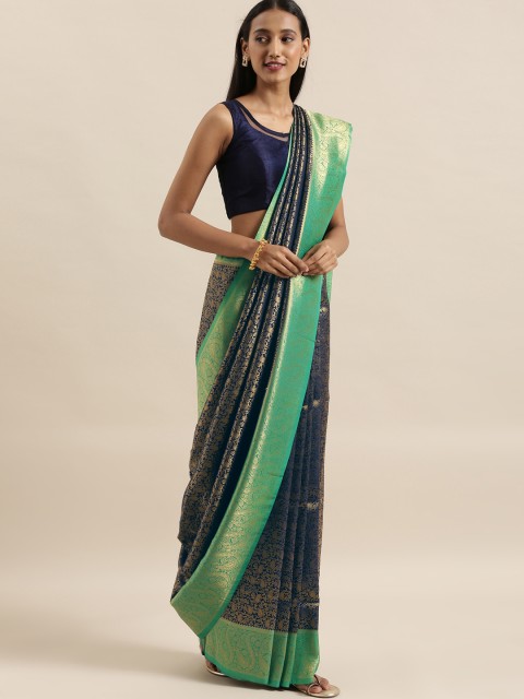 

The Chennai Silks Classicate Navy Blue & Green Silk Blend Woven Design Patola Saree