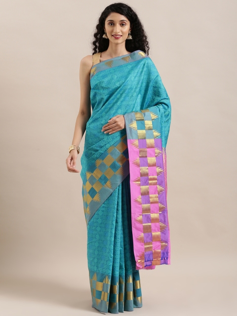 

The Chennai Silks Turquoise Blue Pure Silk Checked Dharmavaram Saree
