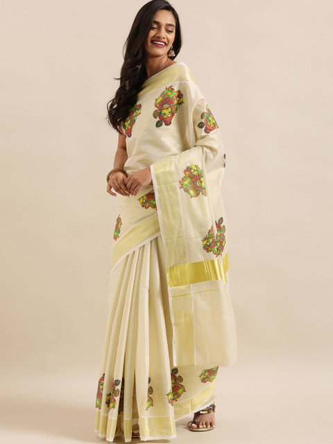 

The Chennai Silks Off-White Pure Cotton Printed Kasavu Saree