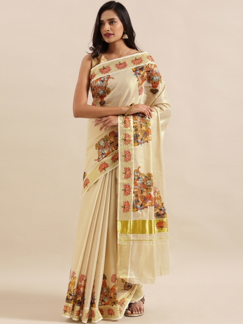 

The Chennai Silks Off-White Pure Cotton Printed Kasavu Saree