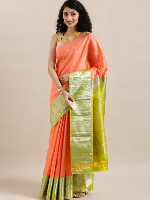 

The Chennai Silks Classicate Coral Pink & Lime Green Silk Woven Design Kanjeevaram Saree