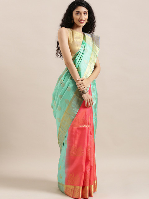 

The Chennai Silks Classicate Blue & Coral Pink Pure Silk Woven Design Kanjeevaram Saree