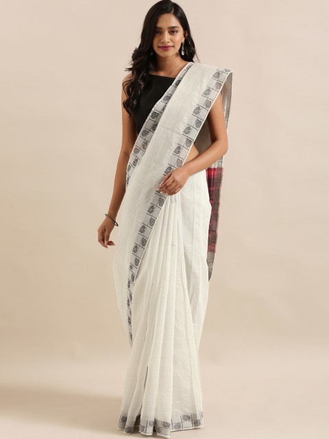 

The Chennai Silks White Pure Cotton Striped Chettinad Saree