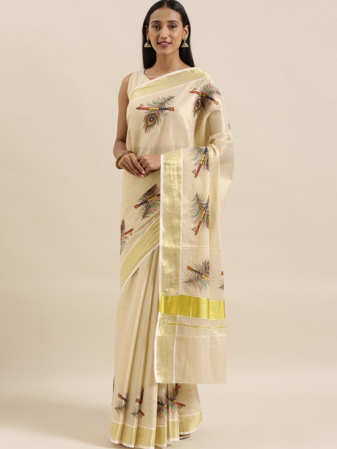 

The Chennai Silks Off-White Pure Cotton Printed Kasavu Saree