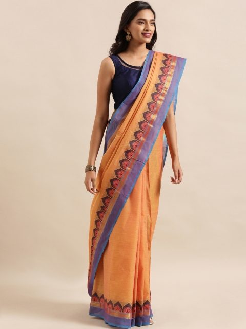 

The Chennai Silks Classicate Orange & Blue Pure Cotton Solid Chettinad Saree