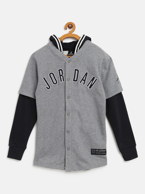

Jordan Boys Grey Melange & Black Solid Hooded AJ1 Franchise Basketball Sweatshirt