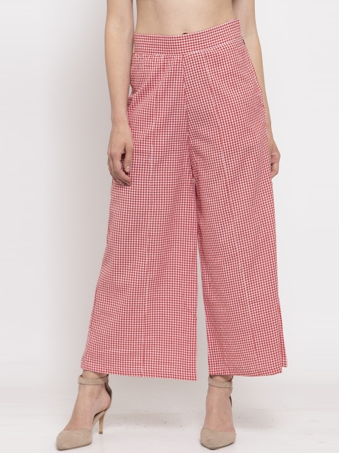 

Meee Women Red & White Loose Fit Checked Parallel Trousers