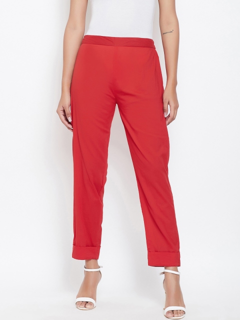 

Meee Women Red Slim Fit Solid Regular Trousers