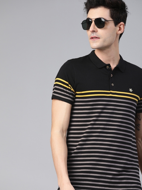 

WROGN Men Black Grey Striped Slim Fit Polo Collar Pure Cotton T-shirt