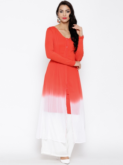 

Ira Soleil Orange & White Pleated Sheer Kurta with Inner