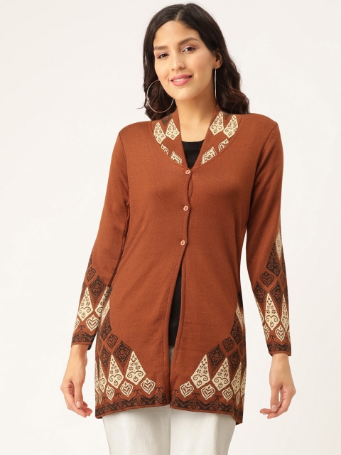 

American Eye Women Rust Brown Self-Design Longline Cardigan