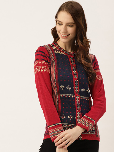 

American Eye Women Maroon & Navy Blue Self Design Cardigan
