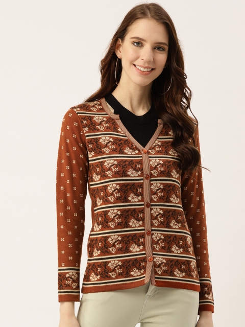 

American Eye Women Mustard Brown & Black Self Design Cardigan
