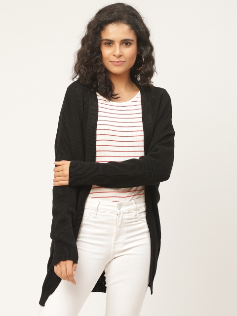 

American Eye Women Black Ribbed Longline Front-Open Sweater