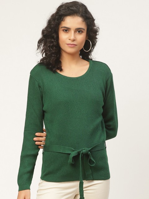 

American Eye Women Green Ribbed Pullover Sweater With Belt