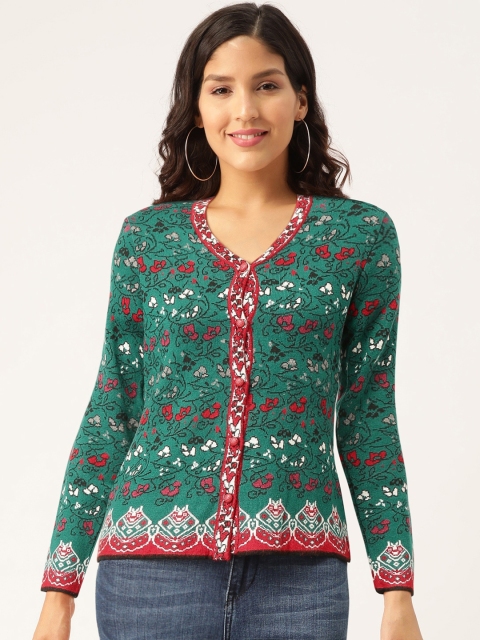 

American Eye Women Green & Red Self Design Cardigan Sweater