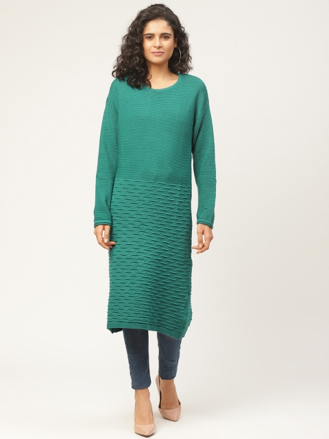 

American Eye Women Green Self Design Longline Sweater