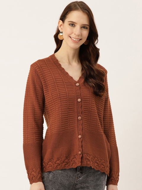 

American Eye Women Rust Brown Self Design Cardigan