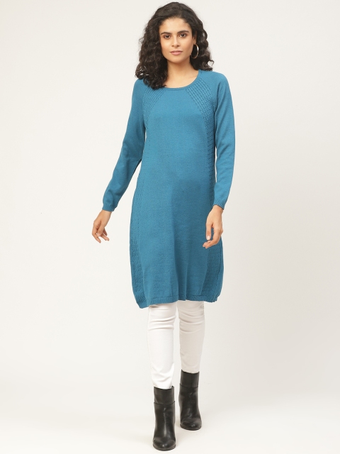 

American Eye Women Teal Blue Solid Longline Sweater
