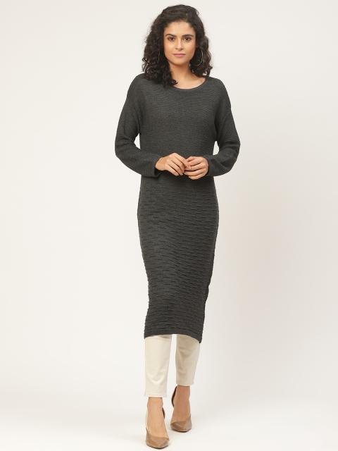 

American Eye Women Charcoal Grey Self-Design Longline Sweater