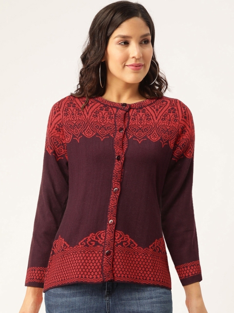 

American Eye Women Burgundy & Red Red Self Design Cardigan