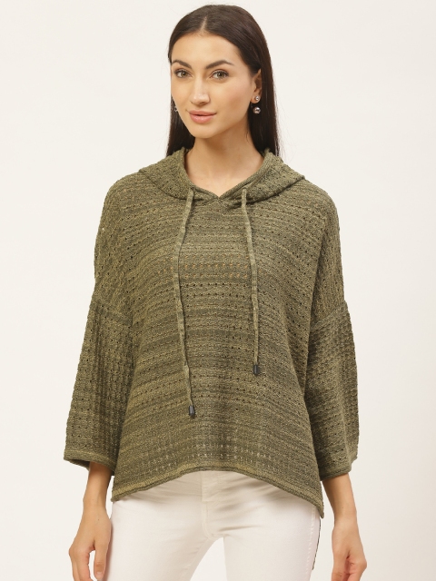 

American Eye Women Olive Green Open Knit Hooded Acrylic Pullover