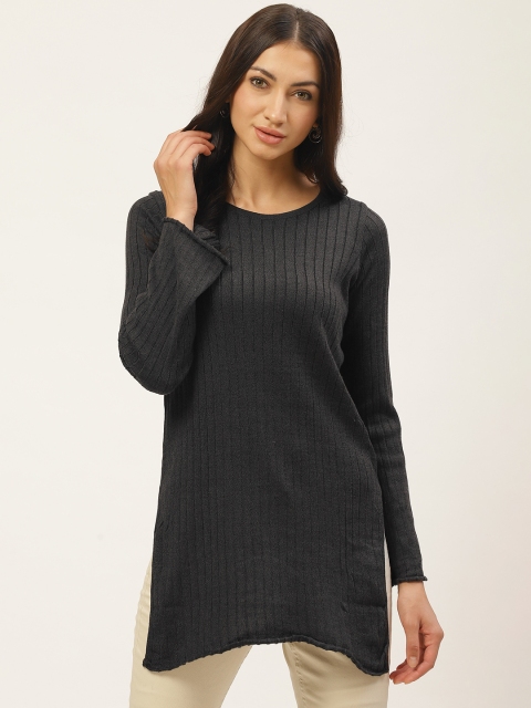 

American Eye Women Charcoal Grey Ribbed Pullover Longline Sweater