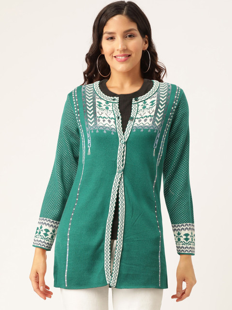 

American Eye Women Green & White Printed Cardigan Longline Sweater