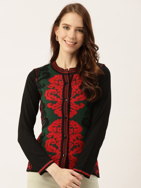 

American Eye Women Black & Red Self Design Cardigan