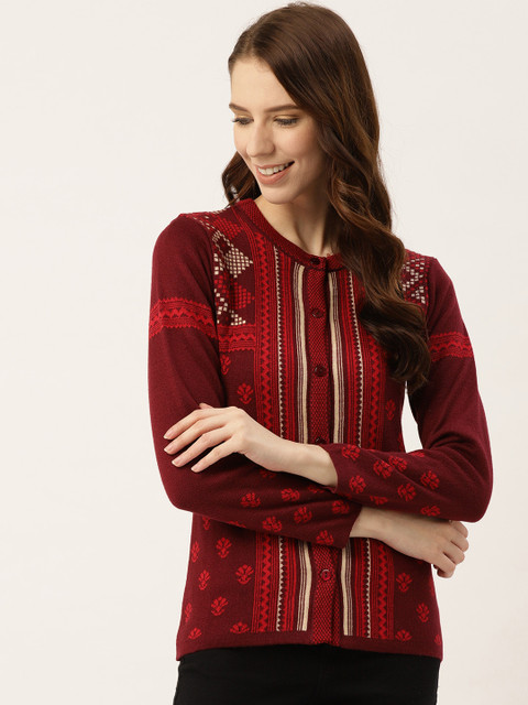 

American Eye Women Burgundy & Coral Red Self Design Cardigan