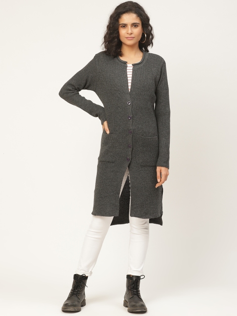 

American Eye Women Charcoal Grey Ribbed High-Low Cardigan Sweater