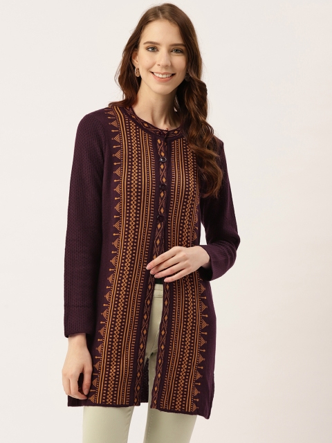 

American Eye Women Burgundy & Mustard Yellow Self Design Longline Cardigan