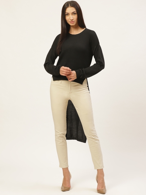 

American Eye Women Black Ribbed High-Low Longline Acrylic Pullover