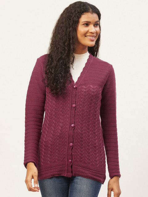 

American Eye Women Wine-Coloured Self Design Cardigan, Burgundy