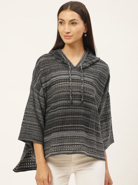

American Eye Women Grey & Black Self Striped High-Low Acrylic Pullover