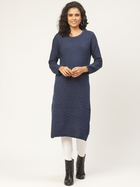 

American Eye Women Navy Blue Self-Design Longline Sweater