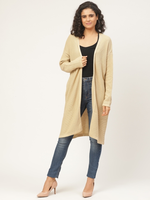 

American Eye Women Beige Self Design Longline Front-Open Acrylic Sweater