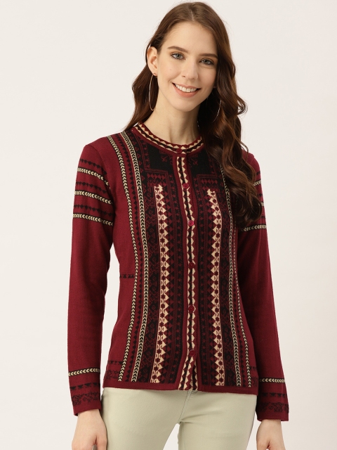 

American Eye Women Burgundy Self Design Cardigan