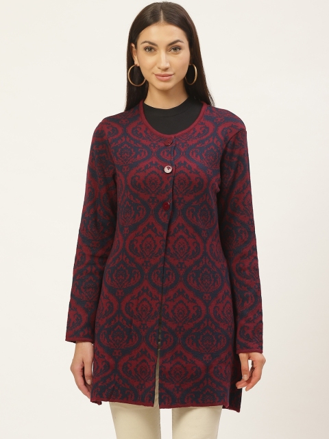 

American Eye Women Maroon & Navy Ethnic Self Design Longline Cardigan
