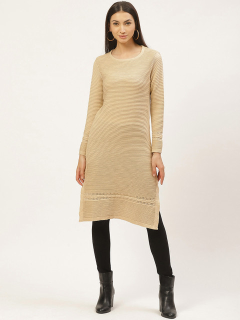 

American Eye Women Beige Self Striped Longline Sweater, Cream