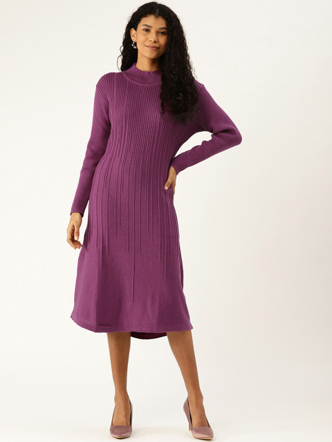 

American Eye Women Purple Self-Striped Midi A-Line Jumper Dress
