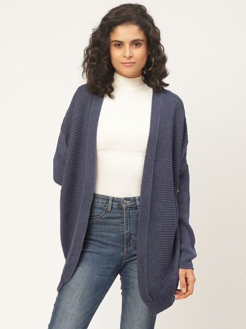 

American Eye Women Navy Blue Ribbed Front-Open Sweater