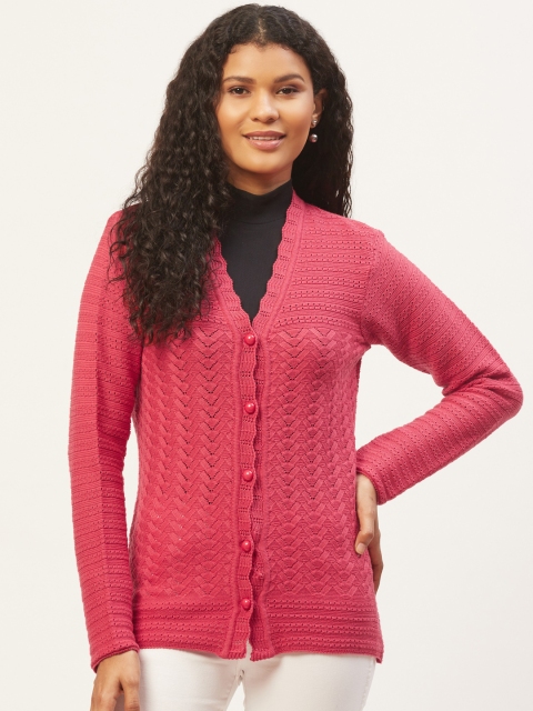 

American Eye Women Coral Pink Self Design Cardigan